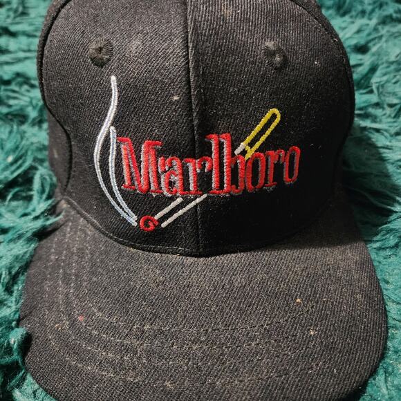 Vintage Marlboro Cigarette Promo Hat Black Embroidered Adjustable Strapback Cap - Picture 1 of 6